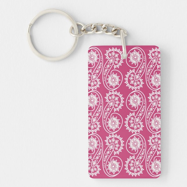 White Decorative Paisley Pattern On Pink Key Ring (Front)