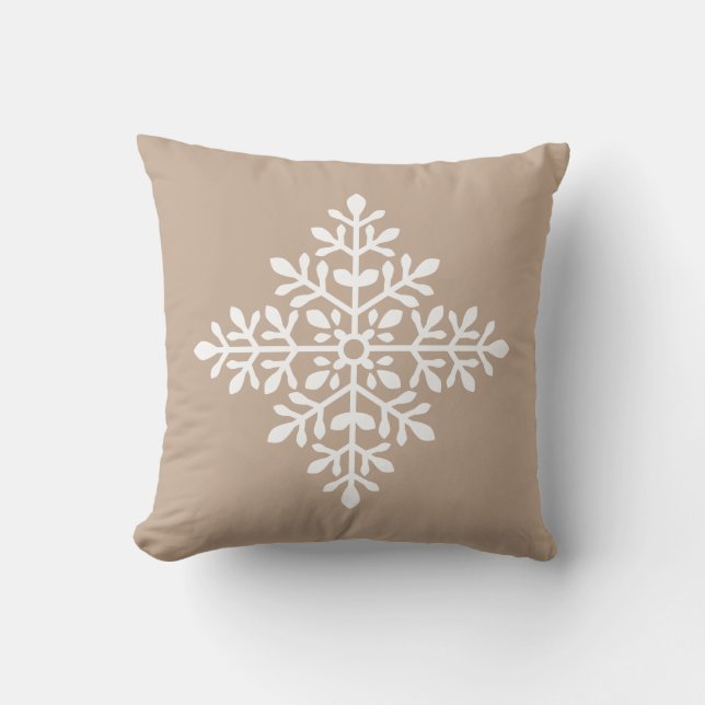 White Decorative Snowflake Silhouette On Beige Cushion (Front)