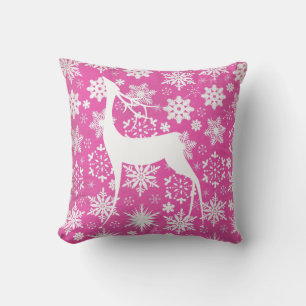 White Deer and Snowflakes on Pink Holiday Pillow