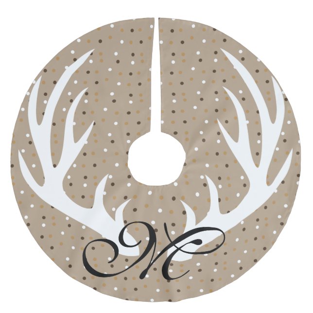 White Deer Antlers Gold Confetti Black Monogram Brushed Polyester Tree Skirt (Front)