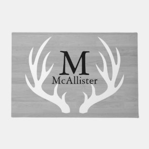 White Deer Antlers Grey Wood Personalised Doormat