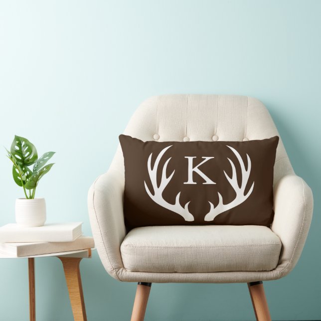White Deer Antlers Monogram Rustic Brown Lumbar Cushion (Chair)