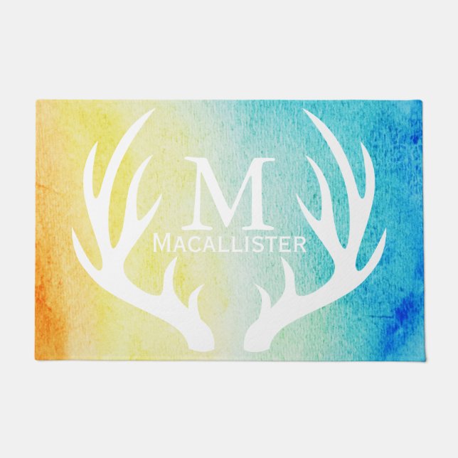 White Deer Antlers Yellow & Blue Watercolor Custom Doormat (Front)
