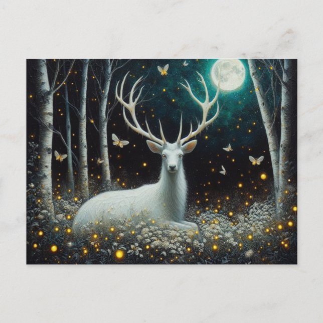 White Deer at Night Holiday Postcard (Front)