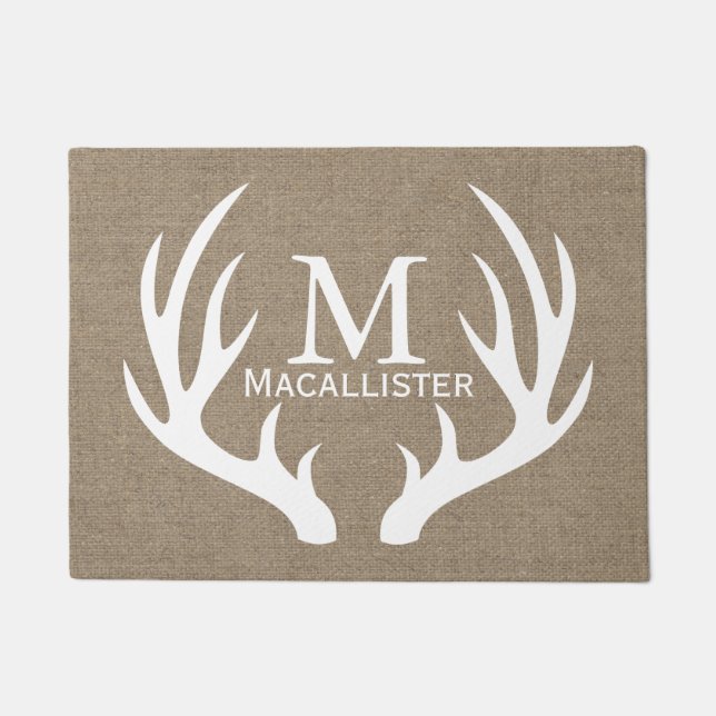 White Deer Buck Antlers & Faux Burlap Family Name Doormat (Front)