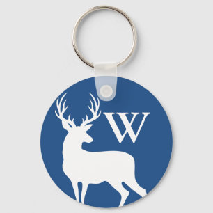 White Deer Buck Silhouette White Initial Letter Key Ring