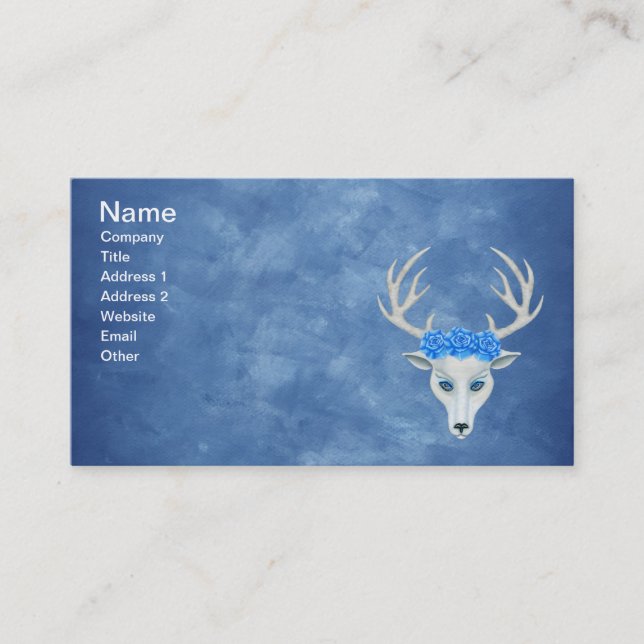 White Deer Head Antlers Mysterious Face Roses Blue Business Card (Front)
