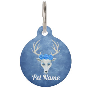 White Deer Head Antlers Wearing Roses on Blue Pet Tag
