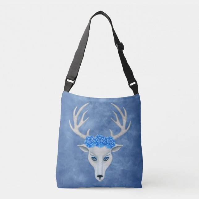 White Deer Head Blue Eyes Antlers Big Blue Roses Crossbody Bag (Front)
