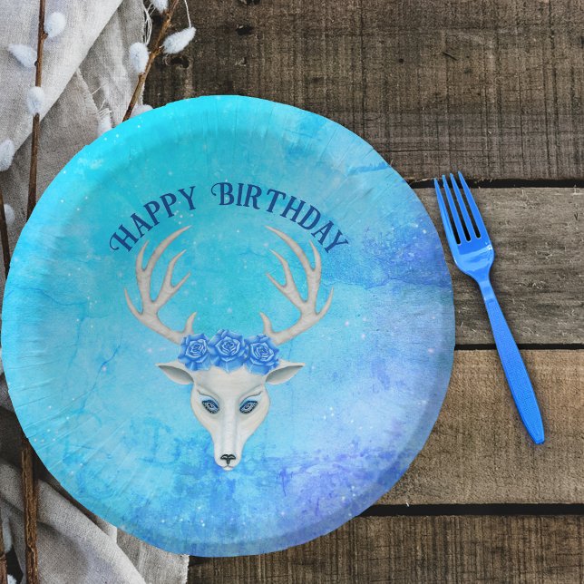 White Deer Head Blue Eyes Roses Antlers Birthday Paper Plate (White deer head wearing pretty blue roses with antlers on happy birthday paper bowl in mix of blues.)