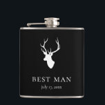 White Deer Head Hip Flask<br><div class="desc">White deer head silhouette on black background,  personalised flask. Features two lines for custom text. Background colour can be customised.</div>