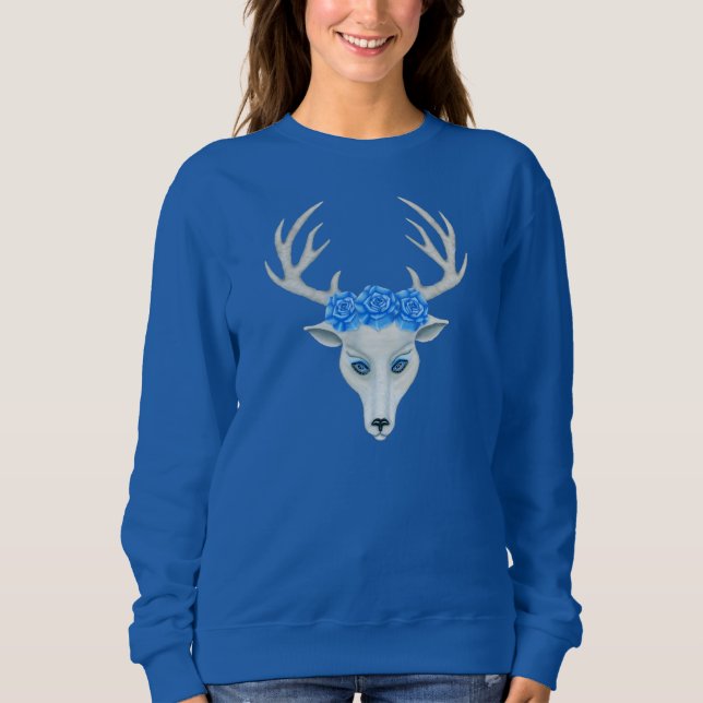 White Deer Head Mysterious Blue Eyes Antlers Roses Sweatshirt (Front)