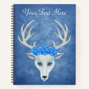 White Deer Head Mysterious Face Antlers Roses Blue Notebook