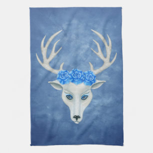 White Deer Head Mysterious Face Blue Eyes Roses Tea Towel