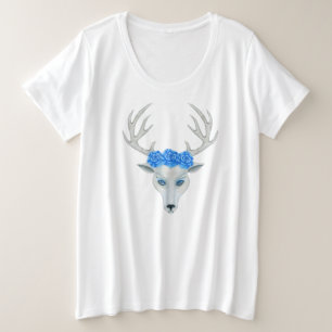 White Deer Head Pretty Face Antlers Blue Roses Plus Size T-Shirt