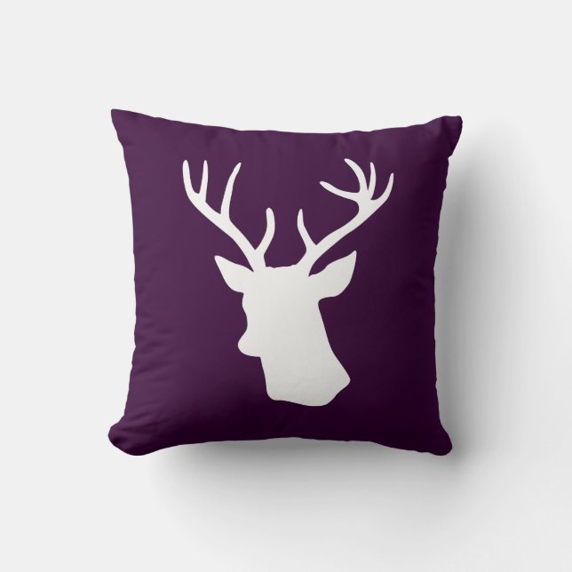 White Deer Head Silhouette - Dark Purple Cushion (Front)