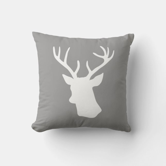 White Deer Head Silhouette - Grey Cushion (Front)