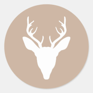 White Deer Head Silhouette On Beige Classic Round Sticker