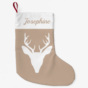 White Deer Head Silhouette On Beige & Custom Name Small Christmas Stocking