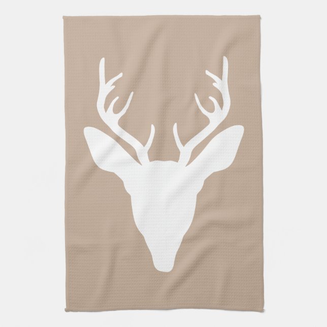 White Deer Head Silhouette On Beige Tea Towel (Vertical)