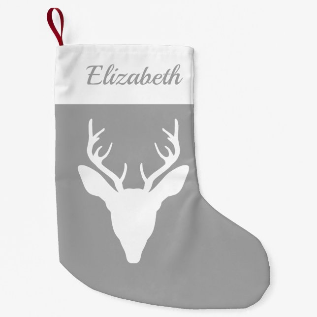 White Deer Head Silhouette On Grey And Custom Name Small Christmas Stocking (Front)