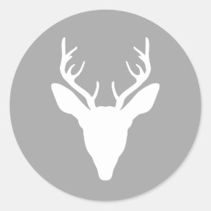 White Deer Head Silhouette On Grey Classic Round Sticker