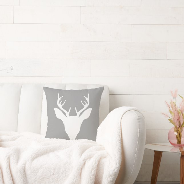 White Deer Head Silhouette On Grey Cushion (Couch)