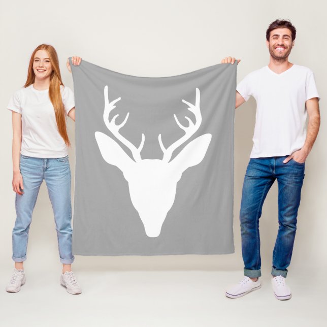 White Deer Head Silhouette On Grey Fleece Blanket (In Situ)