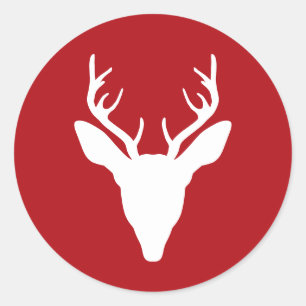 White Deer Head Silhouette On Red Classic Round Sticker