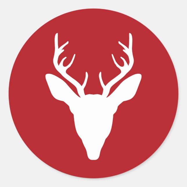 White Deer Head Silhouette On Red Classic Round Sticker (Front)
