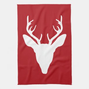 White Deer Head Silhouette On Red Tea Towel