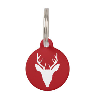White Deer Head Silhouette On Red With Custom Text Pet Tag