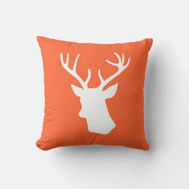 White Deer Head Silhouette - Orange Cushion (Front)