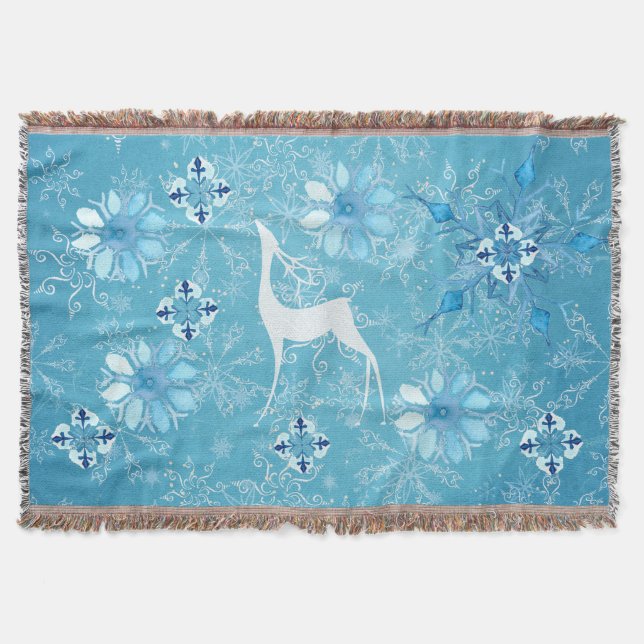 White Deer Icy Blue Snowflake Throw Blanket (Front)