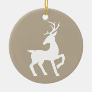 White Deer On Beige & Custom Text On The Back Ceramic Tree Decoration