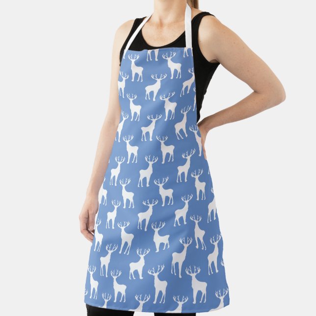 White Deer Pattern on Medium Blue Holiday Art Apron (Insitu)