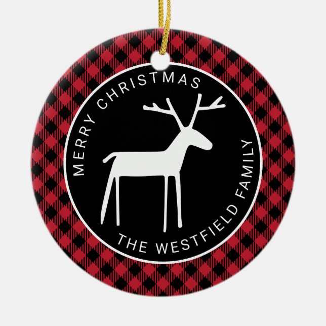 White Deer Red Buffalo Plaid Merry Christmas Name Ceramic Tree Decoration (Front)