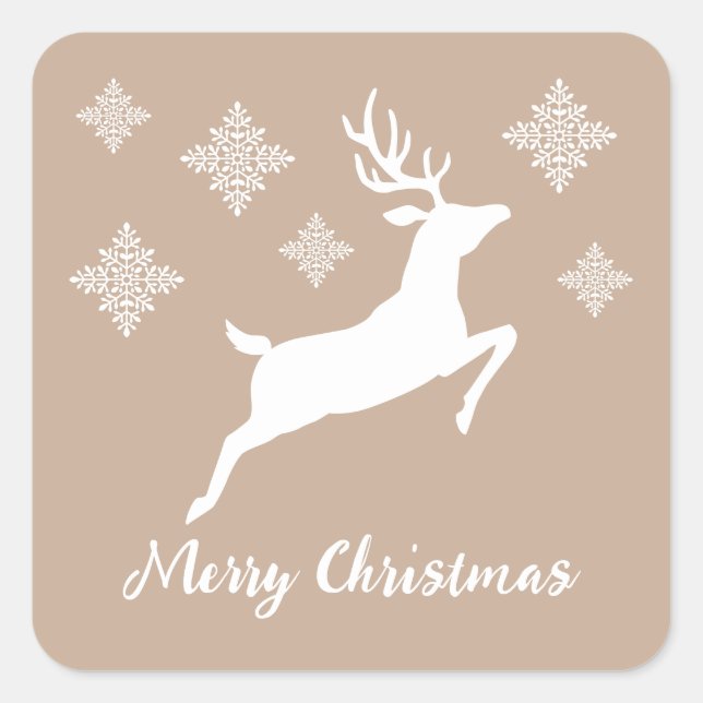 White Deer Shape On Beige With Snowflakes & Text Square Sticker (Front)