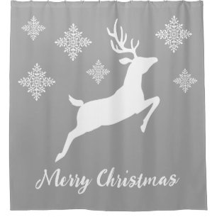 White Deer Shape On Grey With Snowflakes & Text Shower Curtain