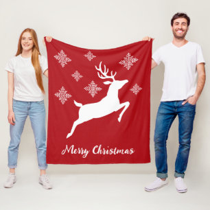 White Deer Shape On Red With Snowflakes & Text Fleece Blanket