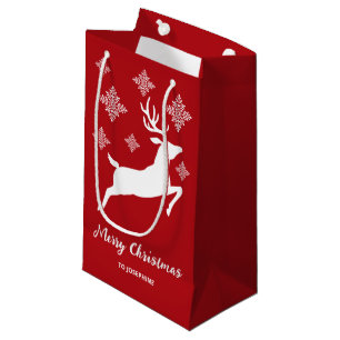 White Deer Shape On Red With Snowflakes & Text Small Gift Bag