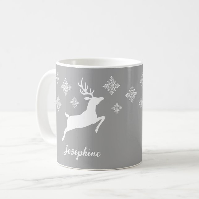 White Deer Shapes On Grey With Snowflakes & Name Coffee Mug (Front Left)