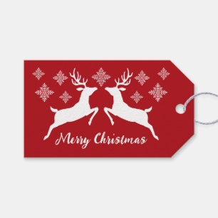 White Deer Shapes On Red With Snowflakes & Text Gift Tags
