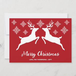 White Deer Shapes On Red With Snowflakes & Text Holiday Card