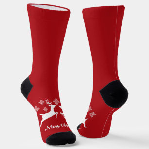 White Deer Shapes On Red With Snowflakes & Text Socks
