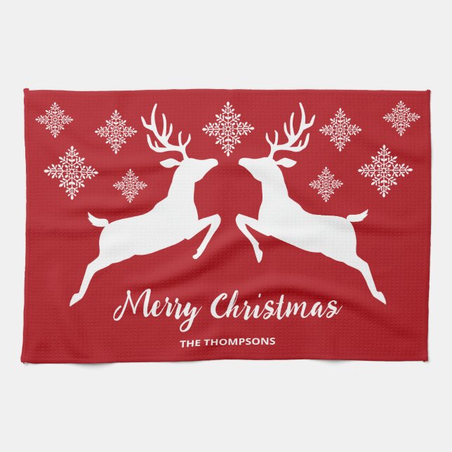 White Deer Shapes On Red With Snowflakes & Text Tea Towel (Horizontal)
