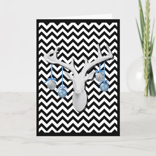 White Deer with Blue Ornaments on Chevron Holiday Card (Front)