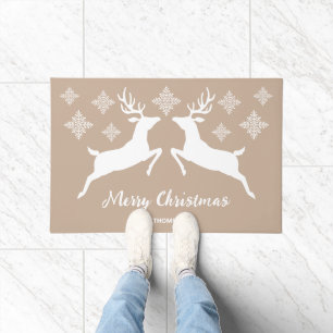 White Deers Facing Each Other On Beige & Text Doormat