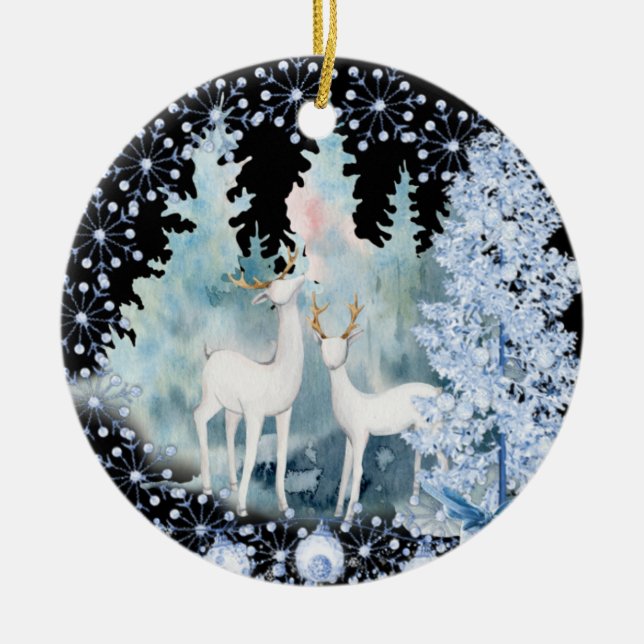 White Deers In The Snow Ceramic Ornament (Front)
