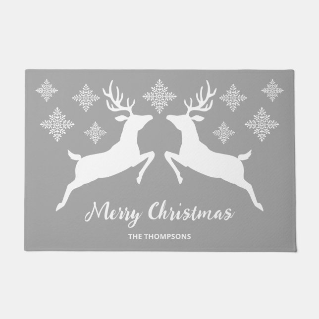 White Deers On Grey With Merry Christmas Text Doormat (Front)